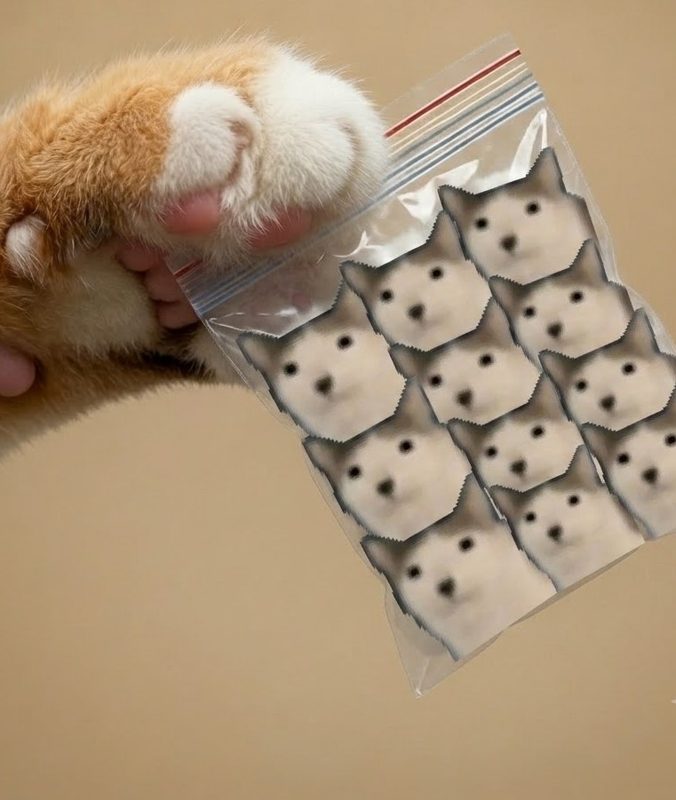 A paw holding a ziplock bag full of CET heads
