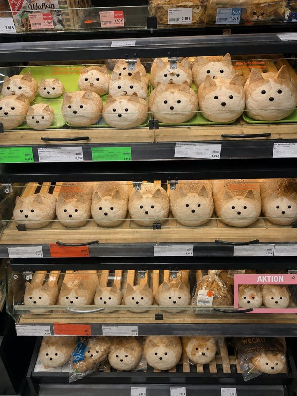 Bakery shelves full of CET-shaped bread