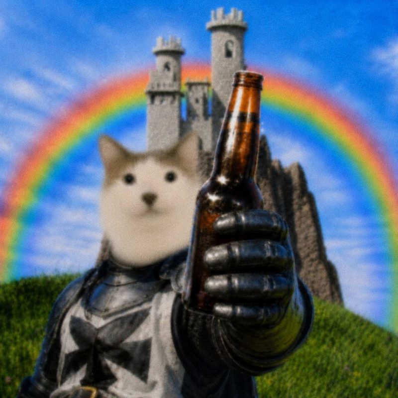 CET in knight armor offering a bottle